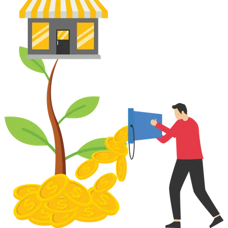 Businessman pour coin water to plant with big shop flowers  Illustration