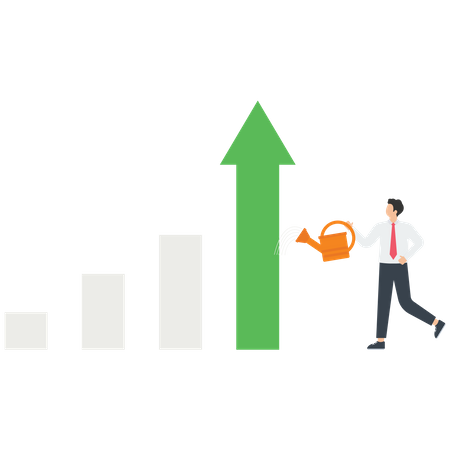 Businessman pouring water into a red arrow bar graph  Illustration