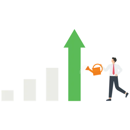 Businessman pouring water into a red arrow bar graph  Illustration