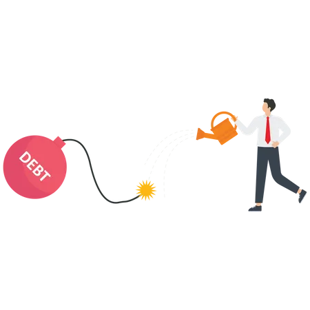 Businessman pouring water to a debt bomb  Illustration