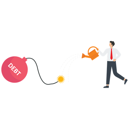 Businessman pouring water to a debt bomb  Illustration