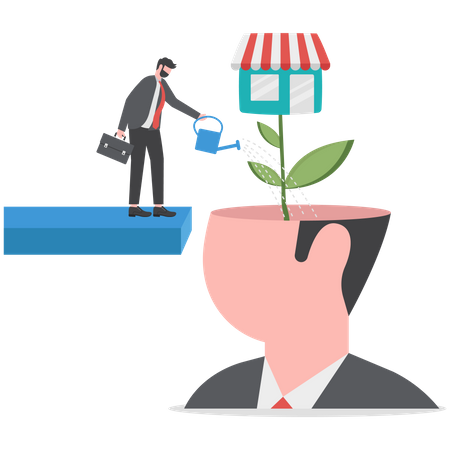 Businessman pouring water to grow plant with big store shop flower  Illustration