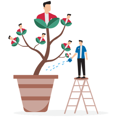 Businessman  pouring water to growing employee seedling  Illustration