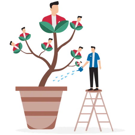 Businessman  pouring water to growing employee seedling  Illustration