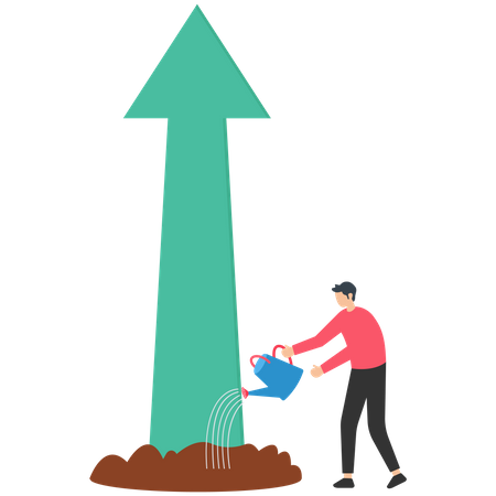 Businessman pouring water with care to grow company growth arrow  Illustration