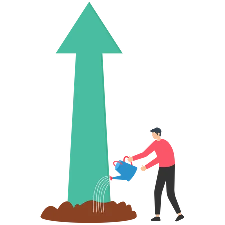 Businessman pouring water with care to grow company growth arrow  Illustration