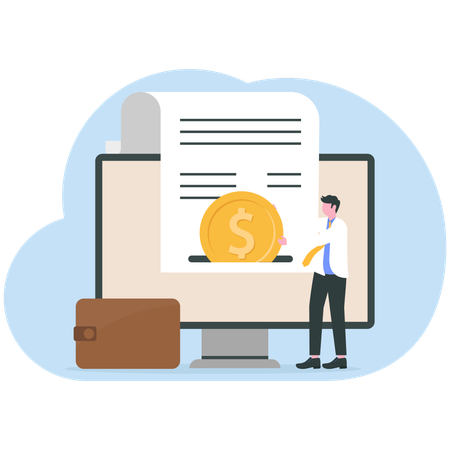 Businessman prepares e-report for employees  Illustration