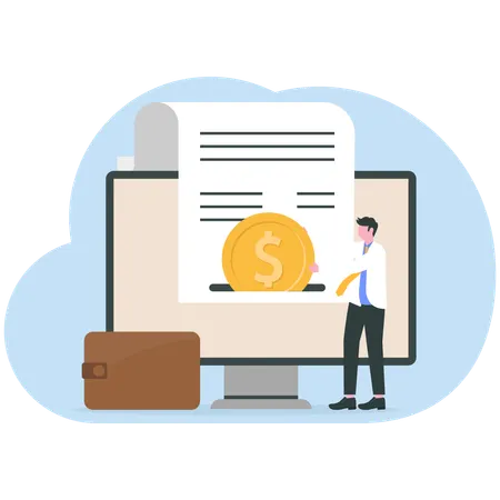Businessman prepares e-report for employees  Illustration