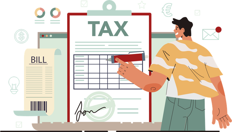 Businessman prepares tax document  Illustration