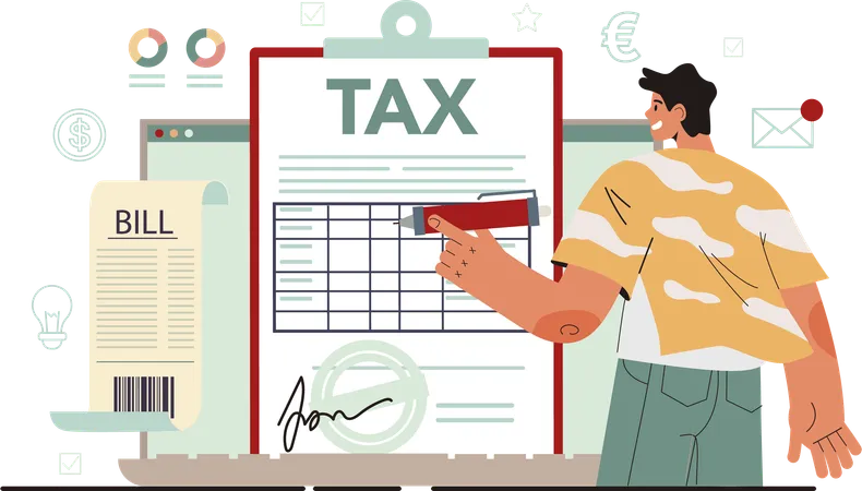 Businessman prepares tax document  Illustration