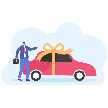 New Red Car With Gold Bow Ribbon As A Present Illustration On White Background In Flat Style Illustration