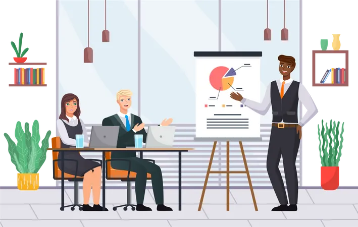 Businessman Makes A Presentation Of A Statistical Report Doing Digital Analysis Charts Planning Business Concept Teamwork Consulting For Project Management Financial Reporting And Strategy Illustration