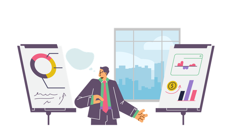 Businessman presenting and explaining on presentation board  Illustration
