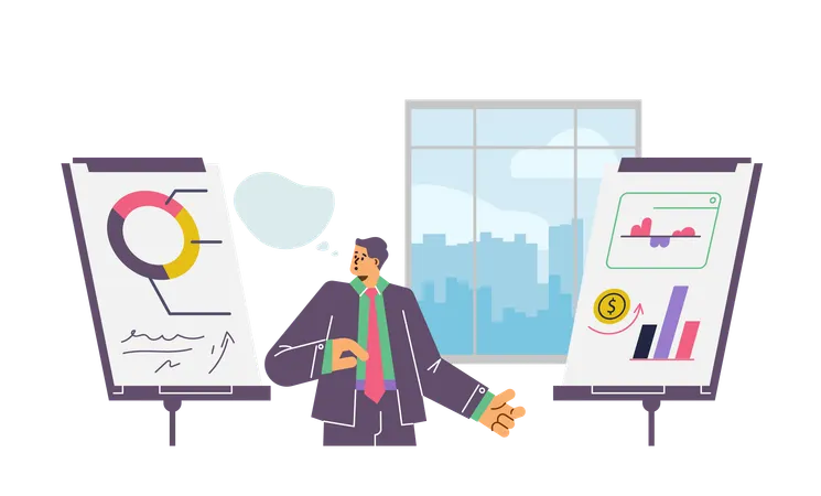 Businessman presenting and explaining on presentation board  Illustration