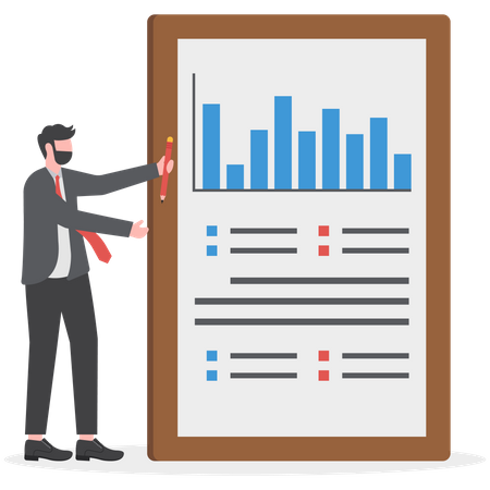 Businessman presenting and explaining tablet screen statistics chart  Illustration