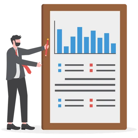 Businessman presenting and explaining tablet screen statistics chart  Illustration