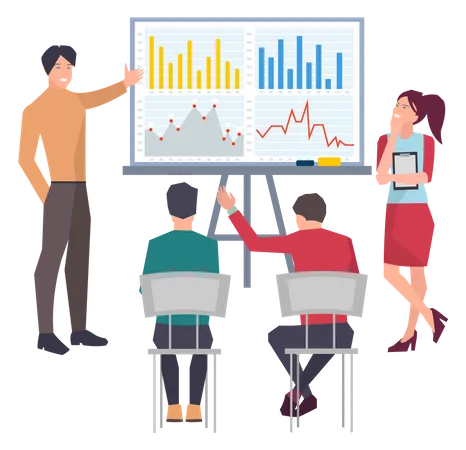 Business Man Giving Employee Lecture Or Presentation Of Statistics At Board Room Boss Showing Diagram Pointing At Whiteboard Conference Hall Flipchart Business Presentation During Meeting Concept Illustration