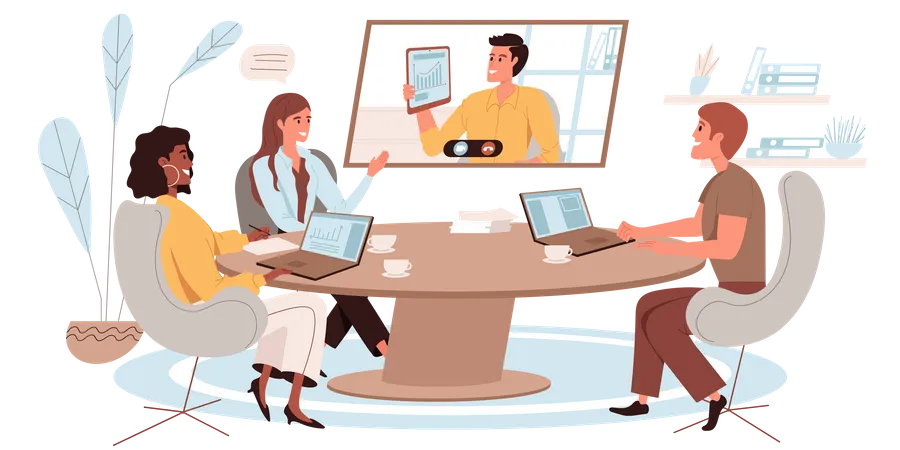 Businessman Presenting Business Certificate Through Video Conference Illustration
