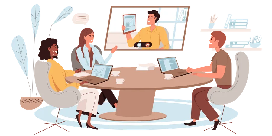 Businessman Presenting Business Certificate Through Video Conference  Illustration