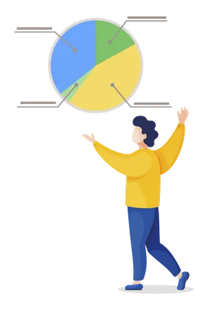 Man Standing Alone And Looking On Chart Icon Of Diagram With Colorful Segments And Captions Analytics And Statistics Graphic For Presentation Person And Report Isolated Vector Illustration In Flat Illustration