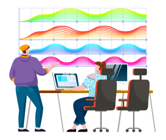 Businessman presenting data analytics chart to fellow employee  Illustration