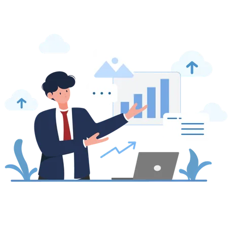 Business Presentation Vector Illustration A Businessman Presenting Growth Charts And Data Analysis Ideal For Business Reports Financial Presentations And Strategic Planning Visuals Illustration
