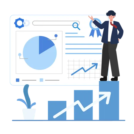 Vector Illustration Of A Businessman Presenting Growth Charts And Data Analysis Ideal For Business Presentations Financial Reports And Strategic Planning Visuals Illustration