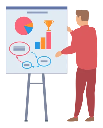 Man Standing Next To Flipchart With Diagram Presentation Board With Statistical Data Business Report Showroom With Poster And Lecturer Businessman Demonstrates Results Of Statistical Research Illustration