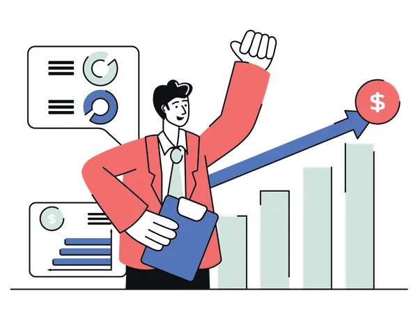 Business Growth Concept Set In Flat Line Design Men And Women Analyze Financial Statistics Optimize Business Strategy And Increase Revenues Vector Illustration With Outline People Scene For Web Illustration