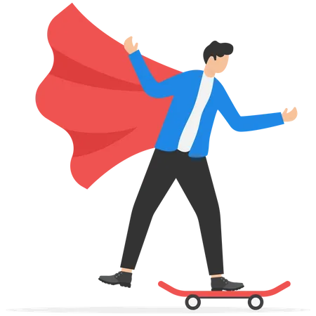 Businessmen Pretend To Be Superheroes Character Having Fun On Skateboard Playing At Home With Creativity And Imagination Success Leader And Winner Concept Vector Illustration Illustration