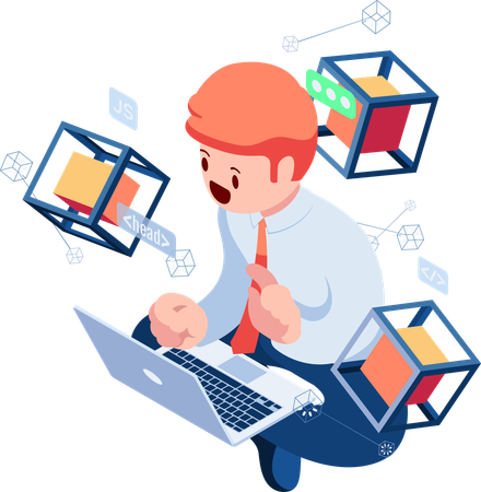 Businessman Programming Script with Blockchain Technology  Illustration
