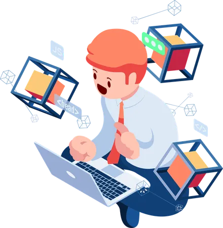 Businessman Programming Script with Blockchain Technology  Illustration