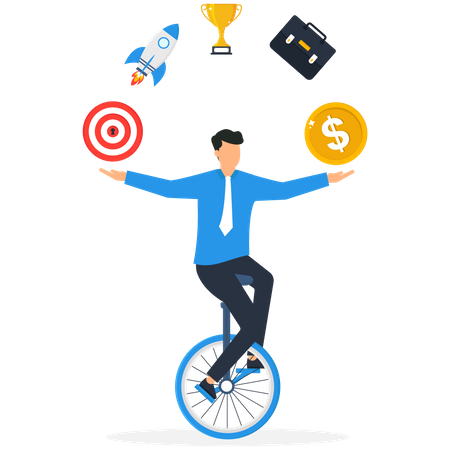 Businessman project manager balance on clock juggling project management elements  Illustration