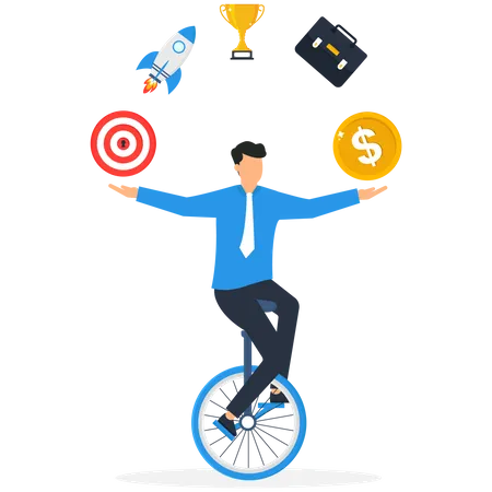 Businessman project manager balance on clock juggling project management elements  Illustration