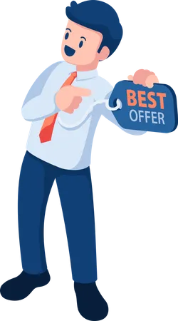 Flat 3 D Isometric Businessman Promote Himself With Price Tag Sell And Promote Yourself Concept Illustration