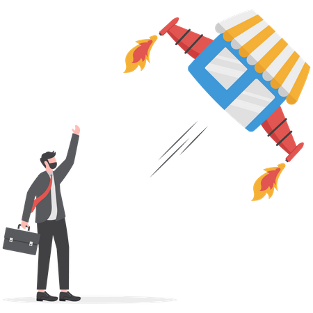 Businessman promote his shop with rocket booster flying  Illustration