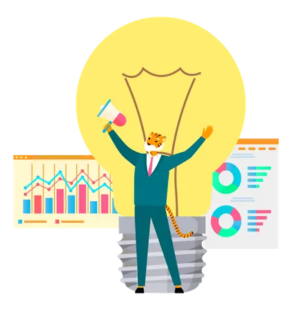 Work With Business Creative Plan Advertising Man Tiger Announces Idea Of New Project Startup Businessman With Loudspeaker On Background Of Light Bulb Presentation Of Business Statistics Illustration