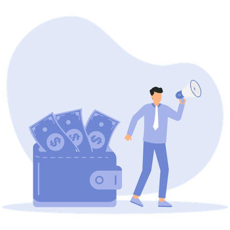 Businessman promoting money management techniques  Illustration