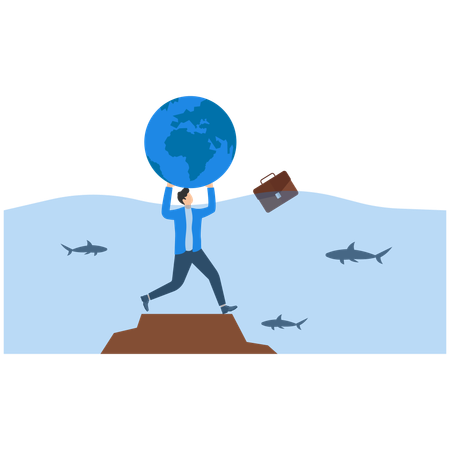 ビジネスマンが洪水から地球を守る  イラスト