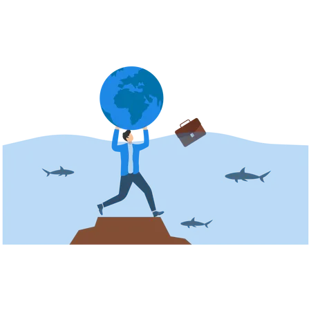 ビジネスマンが洪水から地球を守る  イラスト