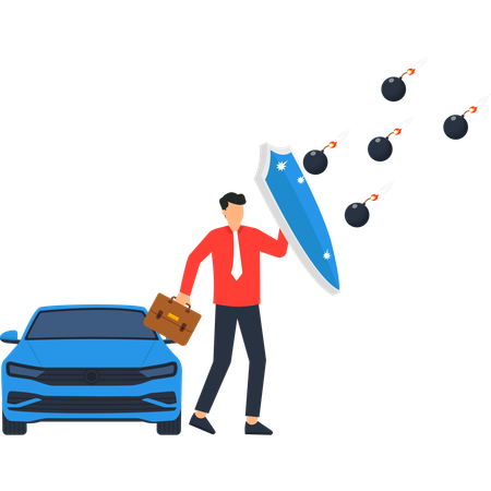 Businessman protecting car from bombs with shield  Illustration