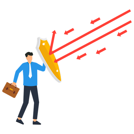 Businessman protecting himself from attacking arrows  Illustration
