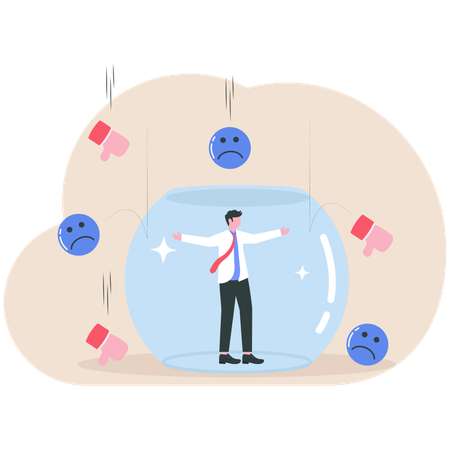 Businessman protecting himself from negative feedbacks  Illustration