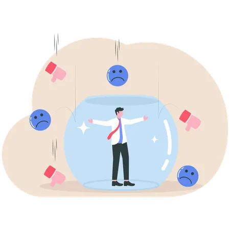 Businessman protecting himself from negative feedbacks  Illustration