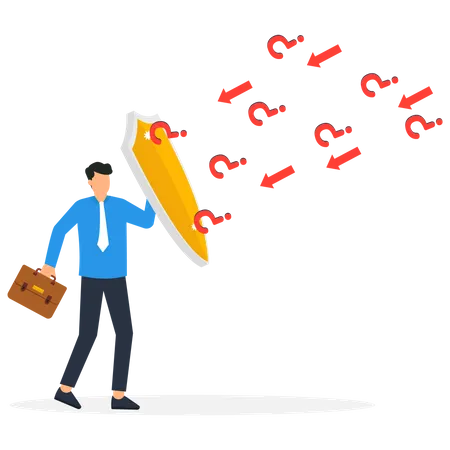 Businessman protecting himself from question marks  Illustration