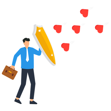 Businessman protecting himself from relationship heart  イラスト