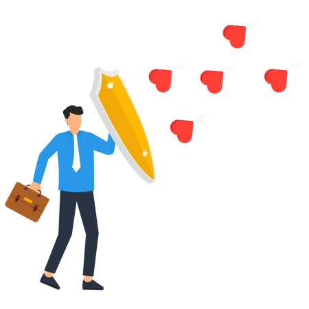 Businessman protecting himself from relationship heart  イラスト