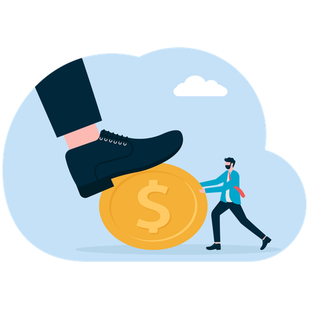 Businessman protecting money from giant feet  Illustration