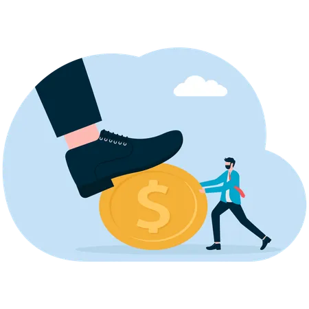 Businessman protecting money from giant feet  Illustration