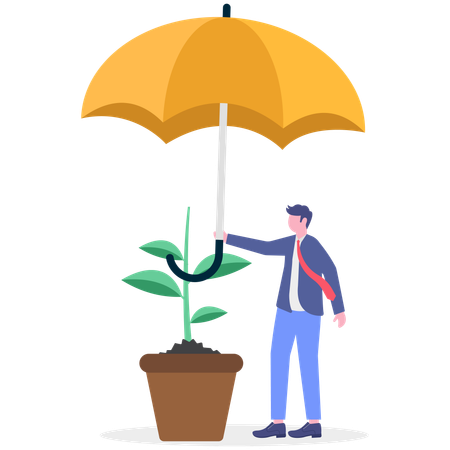 Businessman protects plant from bad weather  Illustration